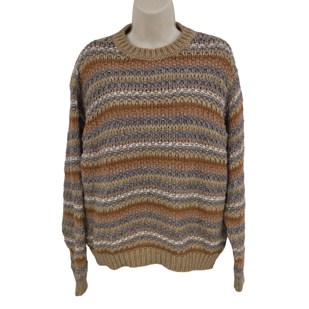 Elsamanda Sweater Men L Brown Chunky Wool Alpaca Stripe Made Italy Fisherman